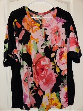 Sew In Love Black Floral Short Sleeve Tee with Pink, Coral & Yellow Roses